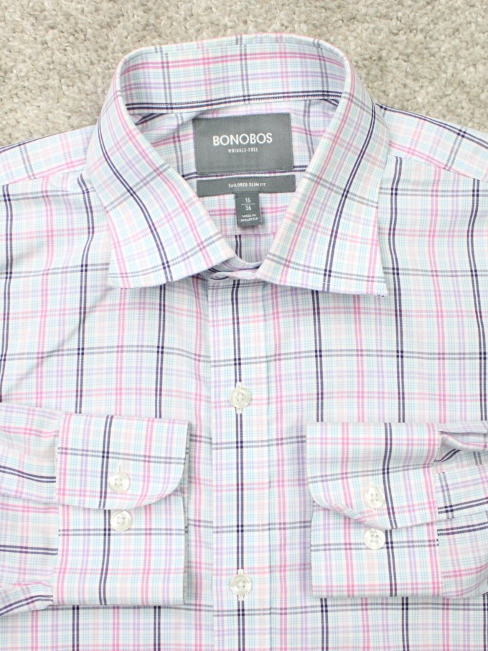 Bonobos Shirt Mens 16, 36 Pink/Blue Tailored Slim Fit Wrinkle-Free Cotton L/S